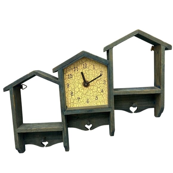 Wooden Clock with Built In Mini Shelves & Hooks Hearts 12" W Green Cottage Core - Picture 1 of 9